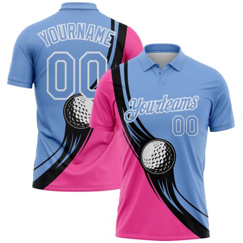 GolfPolo0378 Custom Light Blue Pink-Black 3D Pattern Design Golf Ball Performance Golf Polo Shirt