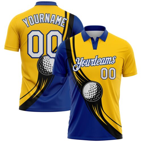 GolfPolo0379 Custom Yellow White Royal-Black 3D Pattern Design Golf Ball Performance Golf Polo Shirt
