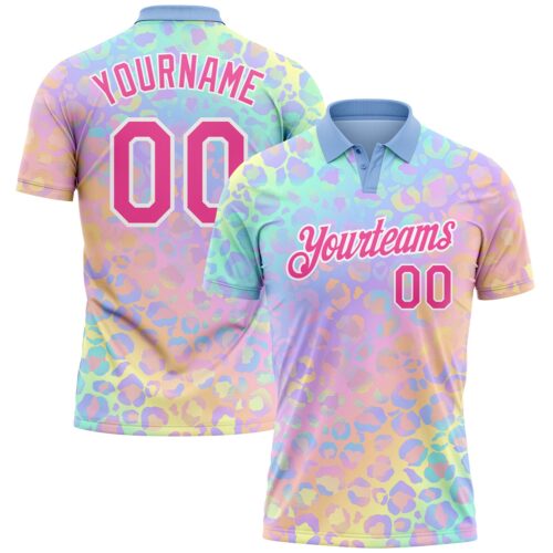 GolfPolo0394 Custom Pink White 3D Pattern Design Leopard Print Performance Golf Polo Shirt