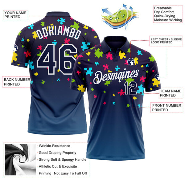Custom Navy White 3D Pattern Design Autism Supporter Awareness Puzzle Pieces Performance Golf Polo Shirt