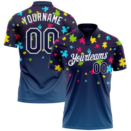 Custom Navy White 3D Pattern Design Autism Supporter Awareness Puzzle Pieces Performance Golf Polo Shirt