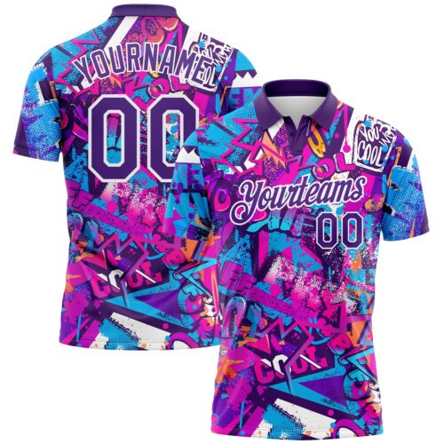 GolfPolo0402_b72d39d4-f115-49b8-bc8d-f31a0649cdc6 Custom Graffiti Pattern Purple-White 3D Performance Golf Polo Shirt