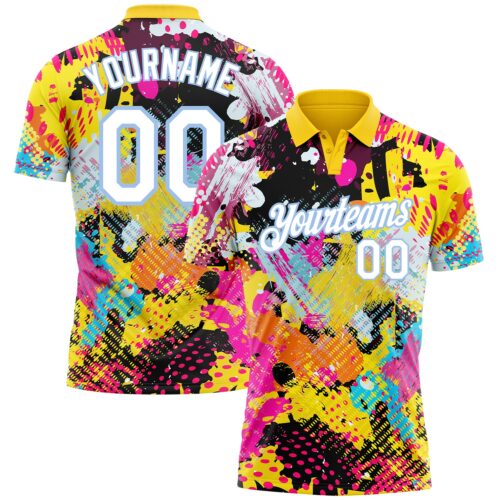 GolfPolo0438 Custom Graffiti Pattern White-Light Blue 3D Bright Psychedelic Performance Golf Polo Shirt
