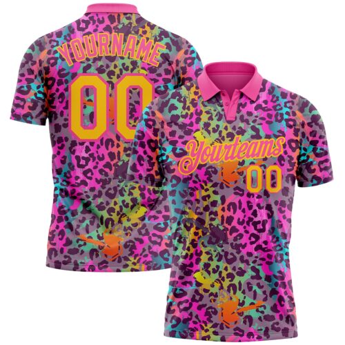 GolfPolo0444 Custom Graffiti Pattern Yellow-Pink 3D Colorful Leopard Print Performance Golf Polo Shirt