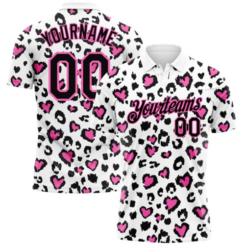 GolfPolo0449 Custom White Black-Pink 3D Pattern Design Leopard Print Performance Golf Polo Shirt