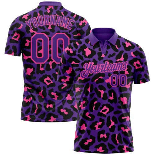 GolfPolo0451 Custom Purple Pink 3D Pattern Design Leopard Print Performance Golf Polo Shirt
