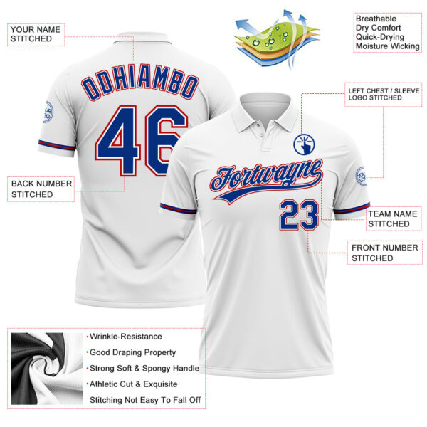 Custom White Royal-Red Performance Vapor Golf Polo Shirt