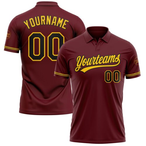 GolfPolo0868 Custom Burgundy Black-Yellow Performance Vapor Golf Polo Shirt