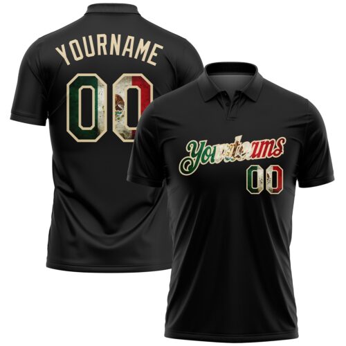 GolfPolo0916 Custom Black Vintage Mexican Flag-City Cream Performance Golf Polo Shirt