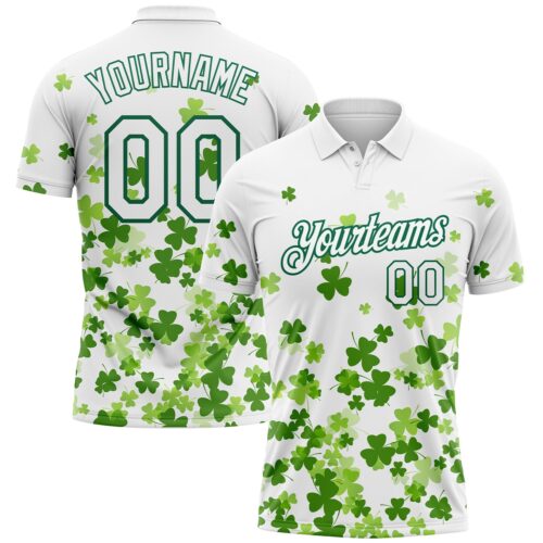 GolfPolo0930 Custom White Kelly Green 3D Pattern Design St.Patrick's Day Performance Golf Polo Shirt
