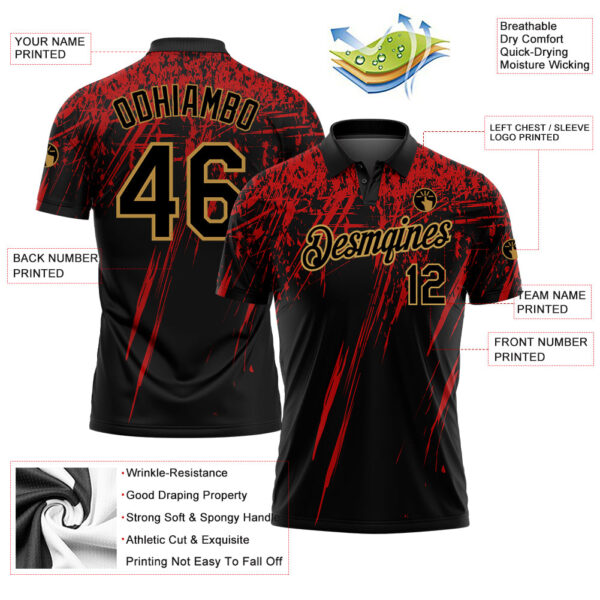 Custom Black Old Gold-Red 3D Pattern Design Sharp Shape Performance Golf Polo Shirt