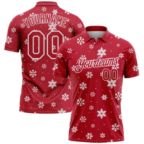 GolfPolo0946 Custom Red White 3D Christmas Snowflakes Performance Golf Polo Shirt