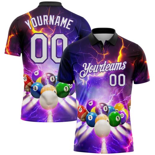 GolfPolo0960 Custom Purple White-Black 3D Pattern Design Billiards Performance Polo Shirt