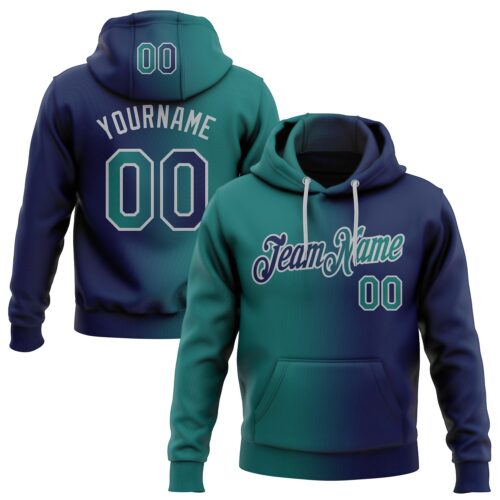 Gradient0132 Custom Stitched Navy Teal-Gray Gradient Fashion Sports Pullover Sweatshirt Hoodie