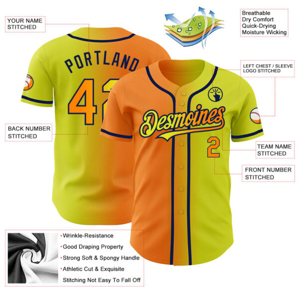 Custom Neon Yellow Bay Orange-Navy Authentic Gradient Fashion Baseball Jersey