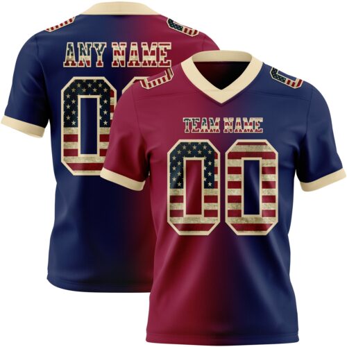 Custom Navy Vintage USA Flag Maroon-Cream Authentic Gradient Fashion Football Jersey
