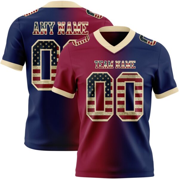 Custom Navy Vintage USA Flag Maroon-Cream Authentic Gradient Fashion Football Jersey