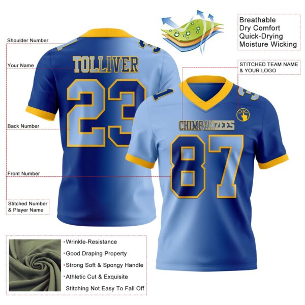Custom Royal Light Blue-Gold Authentic Gradient Fashion Football Jersey