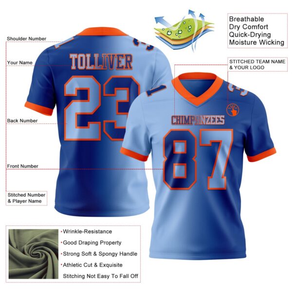 Custom Royal Light Blue-Orange Authentic Gradient Fashion Football Jersey
