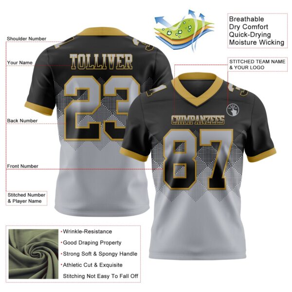Custom Black Gray-Old Gold Authentic Gradient Square Shape Flag Football Jersey