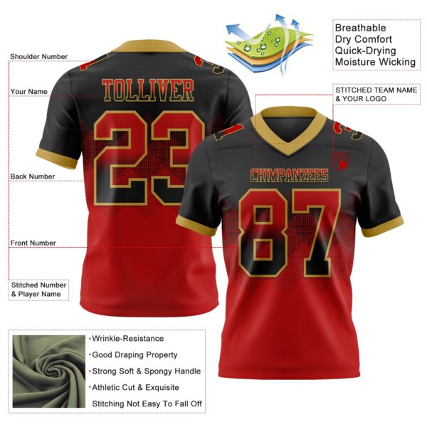 Custom Black Red-Old Gold Authentic Gradient Square Shape Flag Football Jersey