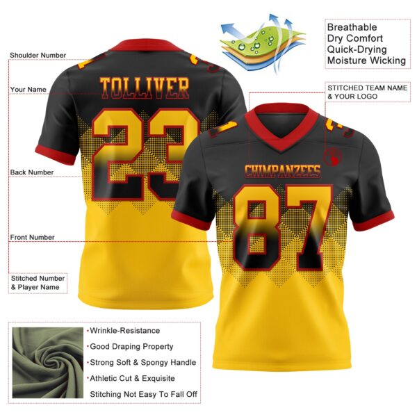 Custom Black Yellow-Red Authentic Gradient Square Shape Flag Football Jersey