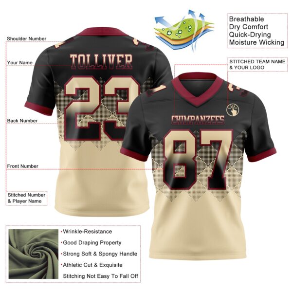 Custom Black Cream-Crimson Authentic Gradient Square Shape Flag Football Jersey