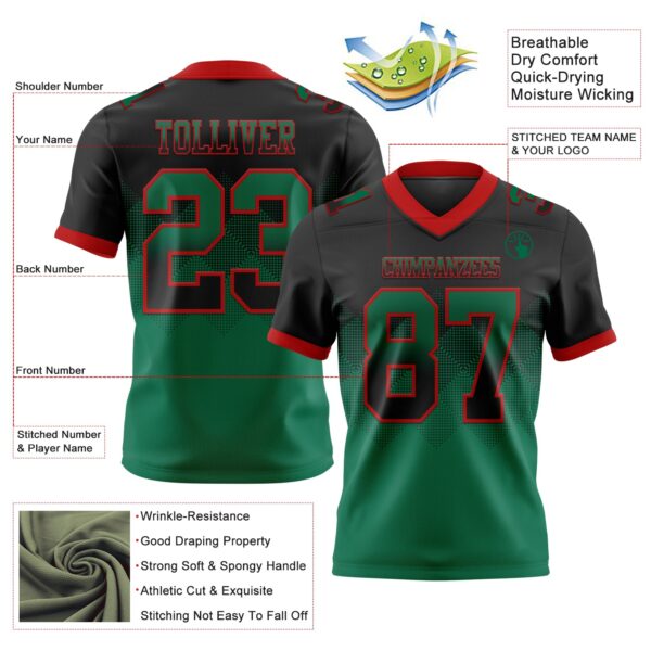 Custom Black Kelly Green-Red Authentic Gradient Square Shape Flag Football Jersey
