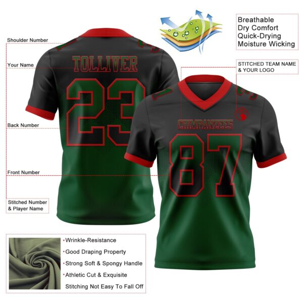 Custom Black Green-Red Authentic Gradient Square Shape Flag Football Jersey