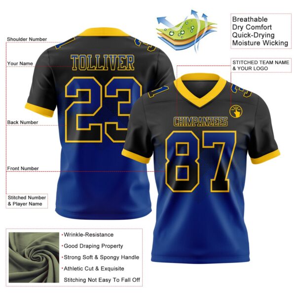 Custom Black Royal-Yellow Authentic Gradient Square Shape Flag Football Jersey