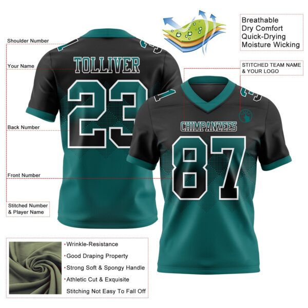 Custom Black Teal-White Authentic Gradient Square Shape Flag Football Jersey
