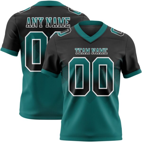Custom Black Teal-White Authentic Gradient Square Shape Flag Football Jersey