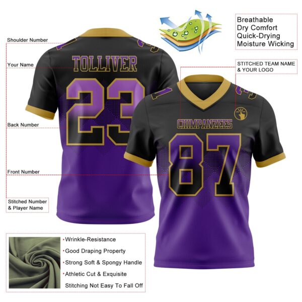Custom Black Purple-Old Gold Authentic Gradient Square Shape Flag Football Jersey