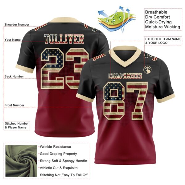 Custom Black Vintage USA Flag Crimson-Cream Authentic Gradient Square Shape Flag Football Jersey