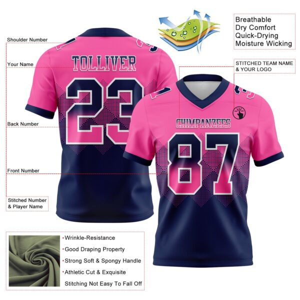 Custom Pink Navy-White Authentic Gradient Square Shape Flag Football Jersey