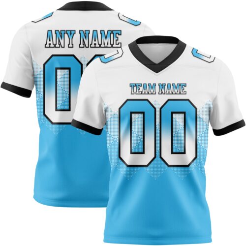 Custom White Sky Blue-Black Authentic Gradient Square Shape Flag Football Jersey