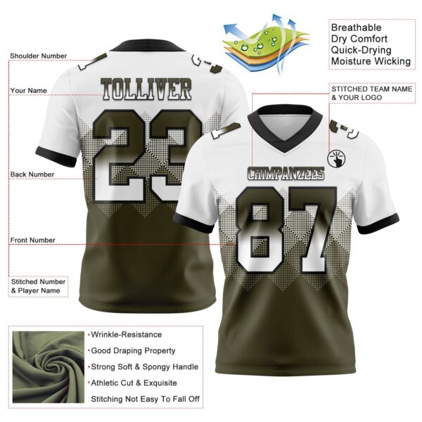 Custom White Olive-Black Authentic Gradient Square Shape Flag Football Jersey