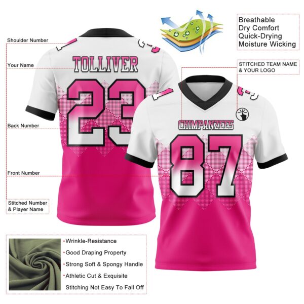 Custom White Hot Pink-Black Authentic Gradient Square Shape Flag Football Jersey