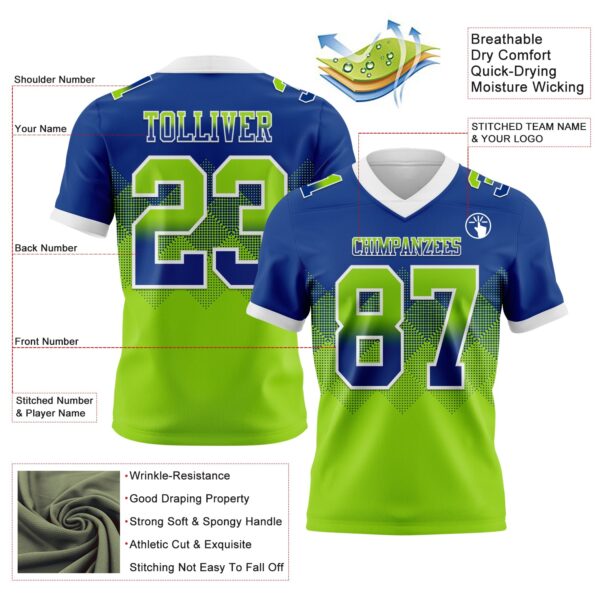Custom Royal Neon Green-White Authentic Gradient Square Shape Flag Football Jersey