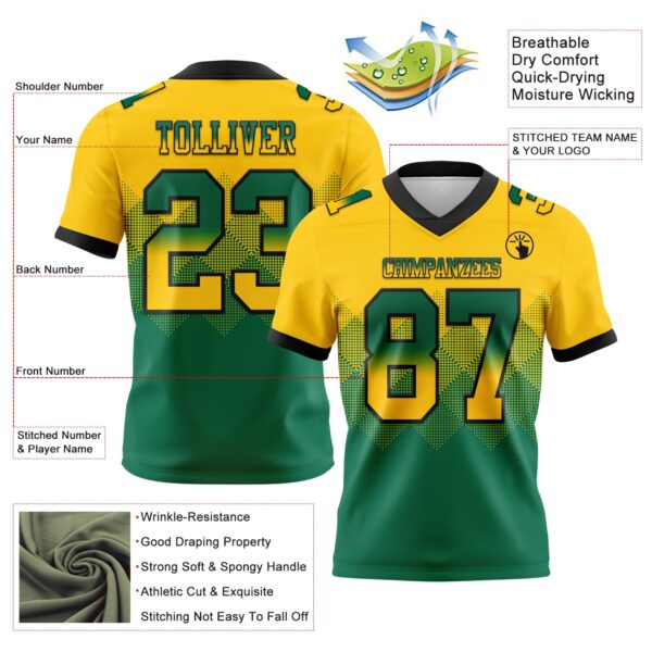 Custom Yellow Kelly Green-Black Authentic Gradient Square Shape Flag Football Jersey