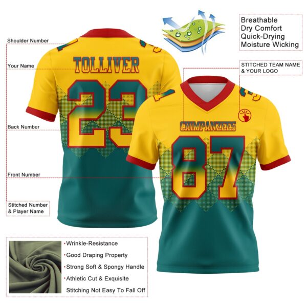Custom Yellow Teal-Red Authentic Gradient Square Shape Flag Football Jersey