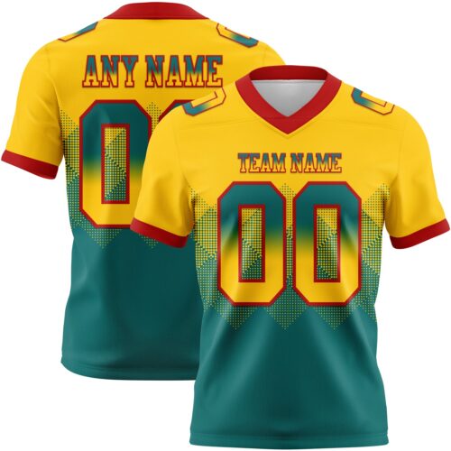 Custom Yellow Teal-Red Authentic Gradient Square Shape Flag Football Jersey