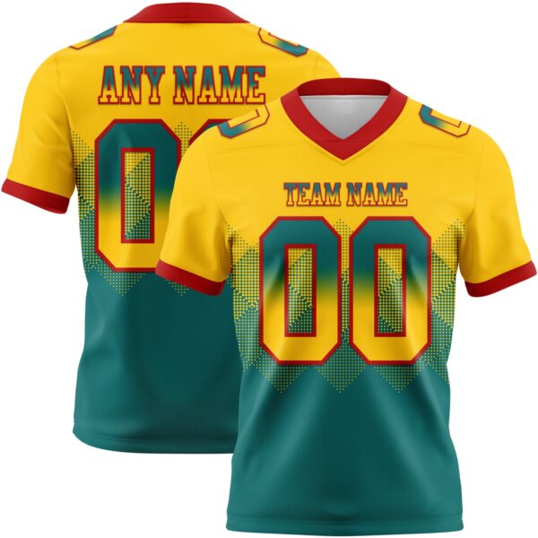 Custom Yellow Teal-Red Authentic Gradient Square Shape Flag Football Jersey