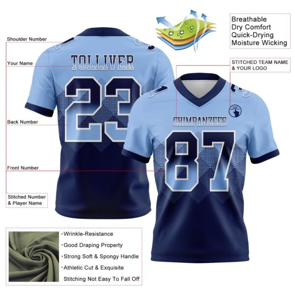 Custom Light Blue Navy-White Authentic Gradient Square Shape Flag Football Jersey