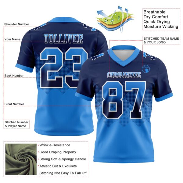 Custom Navy Powder Blue-White Authentic Gradient Square Shape Flag Football Jersey