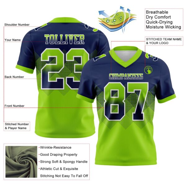 Custom Navy Neon Green-White Authentic Gradient Square Shape Flag Football Jersey