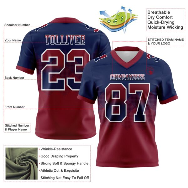 Custom Navy Crimson-White Authentic Gradient Square Shape Flag Football Jersey