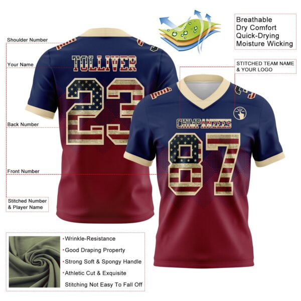 Custom Navy Vintage USA Flag Crimson-Cream Authentic Gradient Square Shape Flag Football Jersey