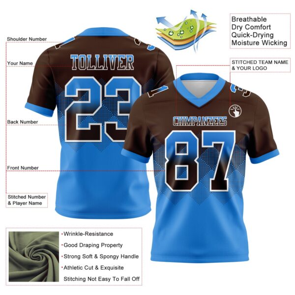 Custom Brown Powder Blue-White Authentic Gradient Square Shape Flag Football Jersey
