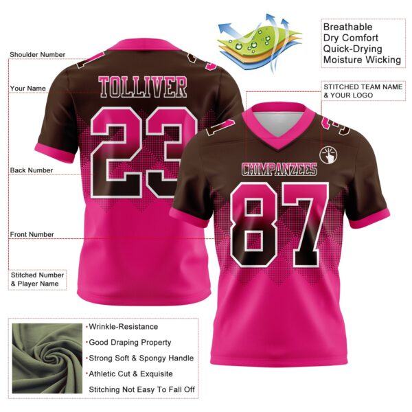 Custom Brown Hot Pink-White Authentic Gradient Square Shape Flag Football Jersey